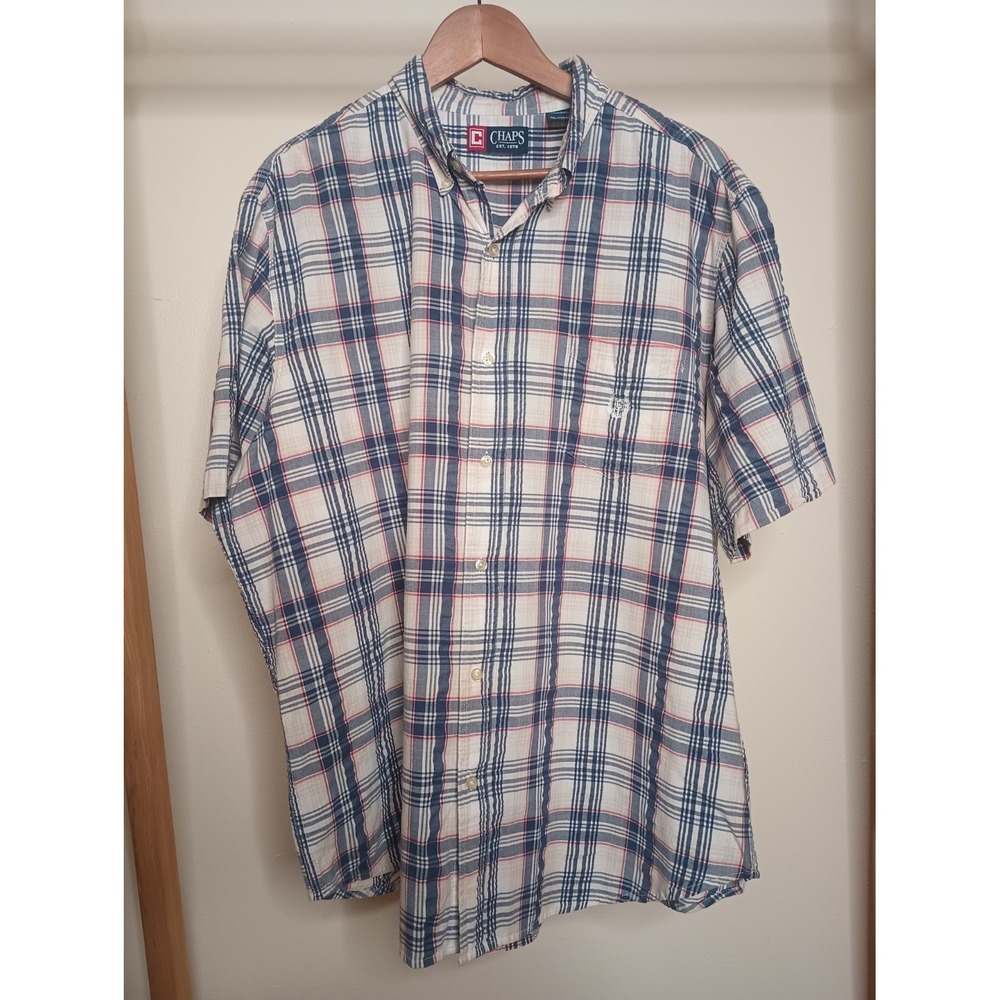 Chaps Mens Seersucker Plaid Button Down Shirt 2XL White Blue Red Short Sleeve